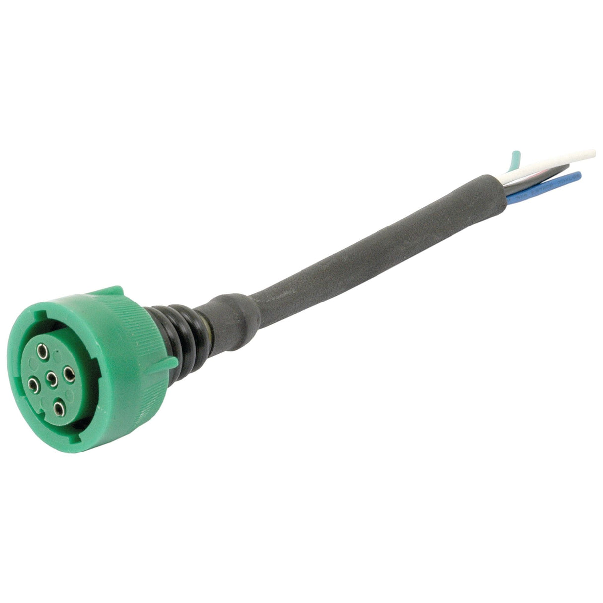 Introducing the Sparex Plug for Rear Combination Light RH - S.24634, a green right-hand 5-pin plug connector with visible wires and black and green components. The wire insulation colors include blue, white, and black.