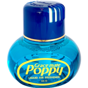 A blue bottle of "GraceMate Poppy Air Freshener - Freesia" from JMCE DEALS, adorned with a yellow label and a blue cap, containing high-grade liquid perfume that lasts for 3 months.