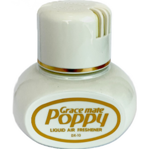 A round white bottle labeled "GraceMate Poppy Air Freshener - Jasmine" from the brand JMCE DEALS, with a white and gold cap, contains high-grade liquid perfume that lasts up to 3 months.