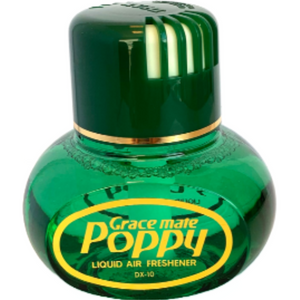 A green bottle of JMCE DEALS GraceMate Poppy Air Freshener - Pine with a rounded shape and golden accents, labelled "Grace mate Poppy. Liquid Air Freshener DX-10," containing high-grade liquid perfume that lasts in excess of 3 months.