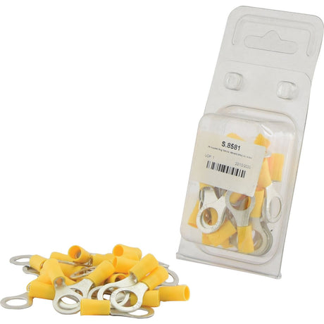 A package of yellow Pre Insulated Ring Terminals - S.8581 from Sparex is shown, with several connectors scattered in front of the unopened plastic package. These high-quality connectors are rated for 600V and can handle up to 48 amps.