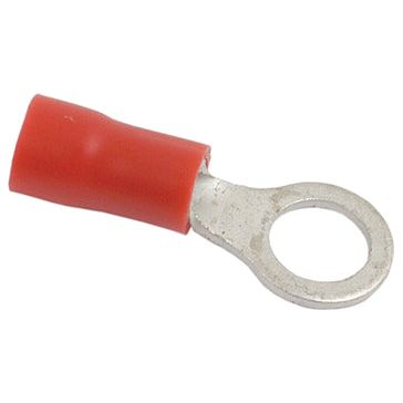 The Sparex Pre Insulated Ring Terminal, Standard Grip, 5.3mm, Red (0.5 - 1.5mm) (Agripak 25 pcs.) features a metal eyelet and an insulated red barrel, making it ideal for connecting electrical wires.