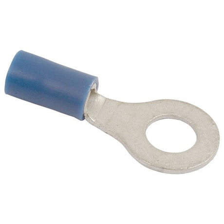 The Pre Insulated Ring Terminal - S.8542 from Sparex is a ring terminal connector with a blue insulated crimp end, designed for securing with a screw or bolt. It features a maximum current rating and provides excellent performance across a wide temperature range.