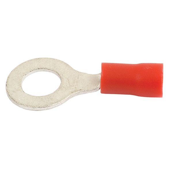 Close-up of the Sparex Pre Insulated Ring Terminal, Standard Grip, 6.4mm, Red (0.5 - 1.5mm) - S.12404, featuring a metal ring on one end and a crimp connector on the other, rated for 600V and 19 Amps.