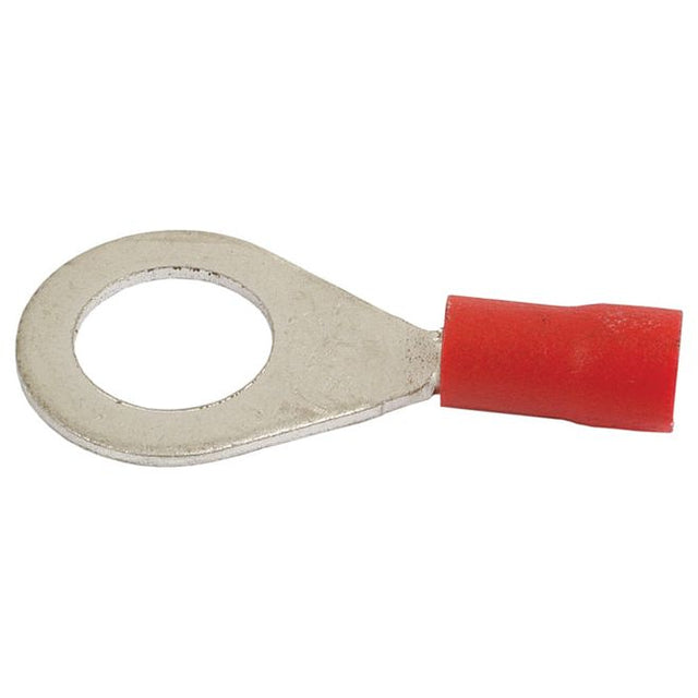 A close-up of a Sparex Pre Insulated Ring Terminal, Standard Grip, 8.4mm, Red (0.5 - 1.5mm) - S.12406 with a red insulated crimp connector, rated for 600V and 19Amps.