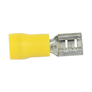 A Pre Insulated Spade Terminal with a yellow standard grip and metal crimp, labeled "12-10," serves as an insulated female connector. This product is known as Sparex Part No. S.8554 from the brand Sparex.