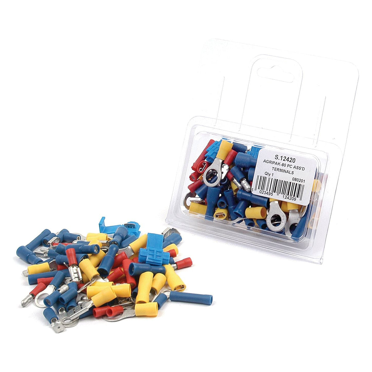 A clear plastic package containing the Pre Insulated Terminal Kit, Standard Grip Assorted (Agripak 80 pcs.) - S.12420 by Sparex, next to a scattered pile of similar crimp type standard grip connectors on a white background.