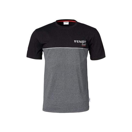 The AGCO Fendt - Pro T-Shirt - X991019022C is a modern short-sleeved tee, boasting the "Fendt Profi" text on the upper left chest area. It features a stylish design with the top half in black and the bottom half in grey, separated by a thin white stripe. Made from a comfortable cotton/polyester blend, it also includes reflective print for added style.