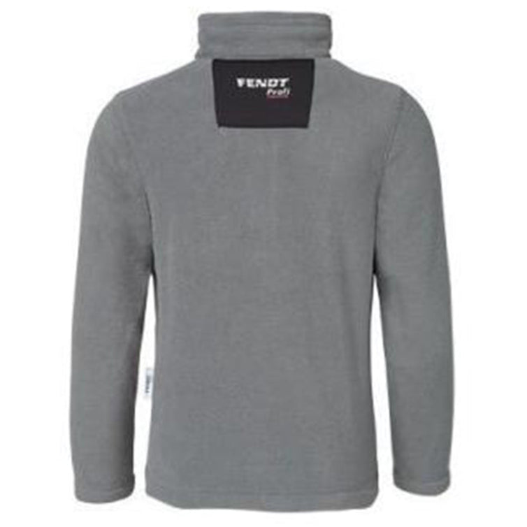 Rear view of the AGCO Fendt Children's Profi Half Zip Fleece Sweater (X99102014C) in gray, featuring a high collar, microfleece material, and a black patch with white text on the back.