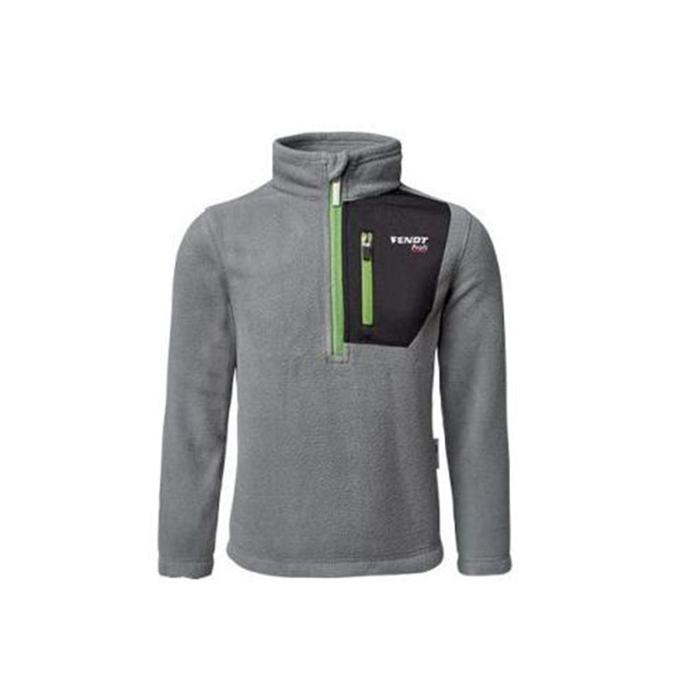 Fendt - Children's Profi Half Zip Fleece Sweater (X99102014C) by AGCO: This gray long-sleeve sweater features an anti-pilling finish, a quarter-zip green zipper, and a black chest pocket with a small logo and name.