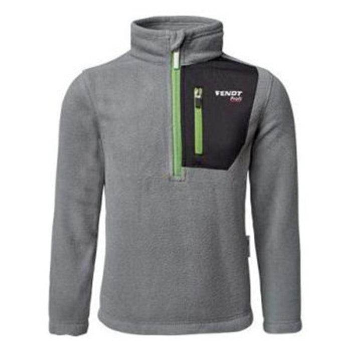 Fendt - Children's Profi Half Zip Fleece Sweater (X99102014C) by AGCO: This gray long-sleeve sweater features an anti-pilling finish, a quarter-zip green zipper, and a black chest pocket with a small logo and name.