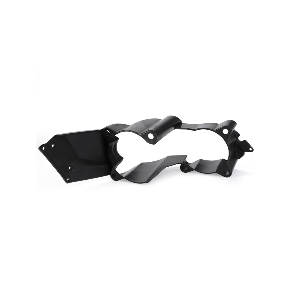 The AGCO Massey Ferguson - Bracket, Lighting, Left - 4374740M3 is a black plastic automotive component featuring multiple cavities and fastening points, compatible with Massey Ferguson models and isolated on a white background.