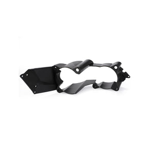 The AGCO Massey Ferguson - Bracket, Lighting, Left - 4374740M3 is a black plastic automotive component featuring multiple cavities and fastening points, compatible with Massey Ferguson models and isolated on a white background.