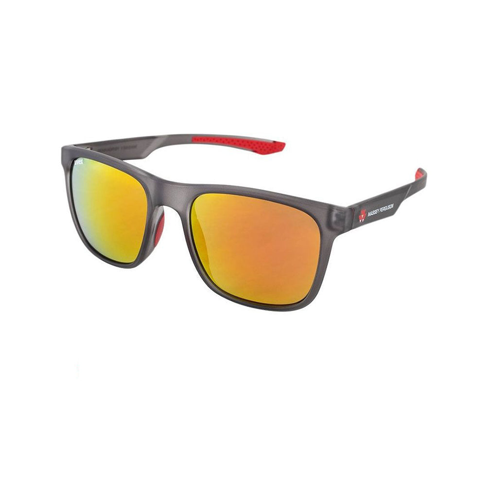 The Massey Ferguson - Sun Glasses - X993472201000 by AGCO feature a rectangular black frame with orange-yellow reflective lenses and red interior detailing on the arms, providing both stylish UV protection and safe sun exposure.