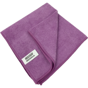 A folded purple JMCE DEALS microfibre cleaning cloth from the Purple - Microfibre Cloth 12 Pack, featuring a small label on one corner.