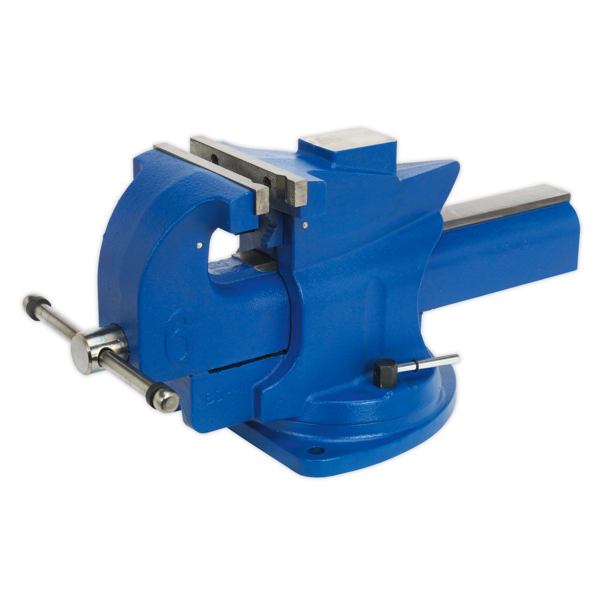 The Sealey Vice 150mm Quick Action Swivel Base Cast Iron - QAV150 is a blue bench vise that features a cast iron body, a convenient bench mounting swivel base, and a rotating handle on the front. It also boasts a wide jaw opening for securely holding objects in place during work.