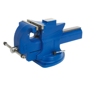 The Sealey Vice 150mm Quick Action Swivel Base Cast Iron - QAV150 is a blue bench vise that features a cast iron body, a convenient bench mounting swivel base, and a rotating handle on the front. It also boasts a wide jaw opening for securely holding objects in place during work.