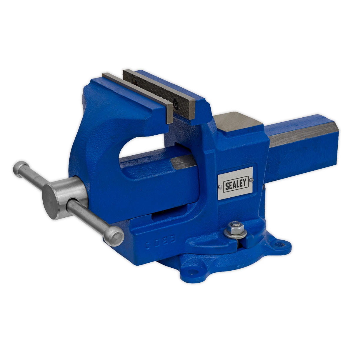 A blue "Sealey" Vice 100mm Quick Action Swivel Base (model QAVE100) made from SG iron, mounted on a flat surface, featuring replaceable steel jaws and a lever handle for convenience and enhanced versatility.