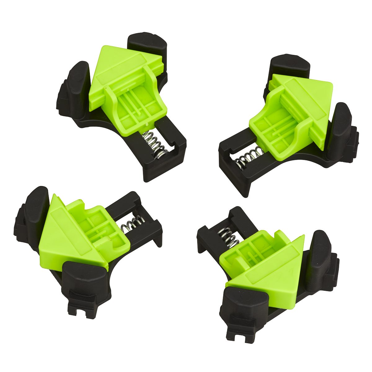 Four Sealey Mitre Wood Corner Clamps from the QBC04 set, ideal for fixing frames at a precise 90° angle, are arranged against a white background.