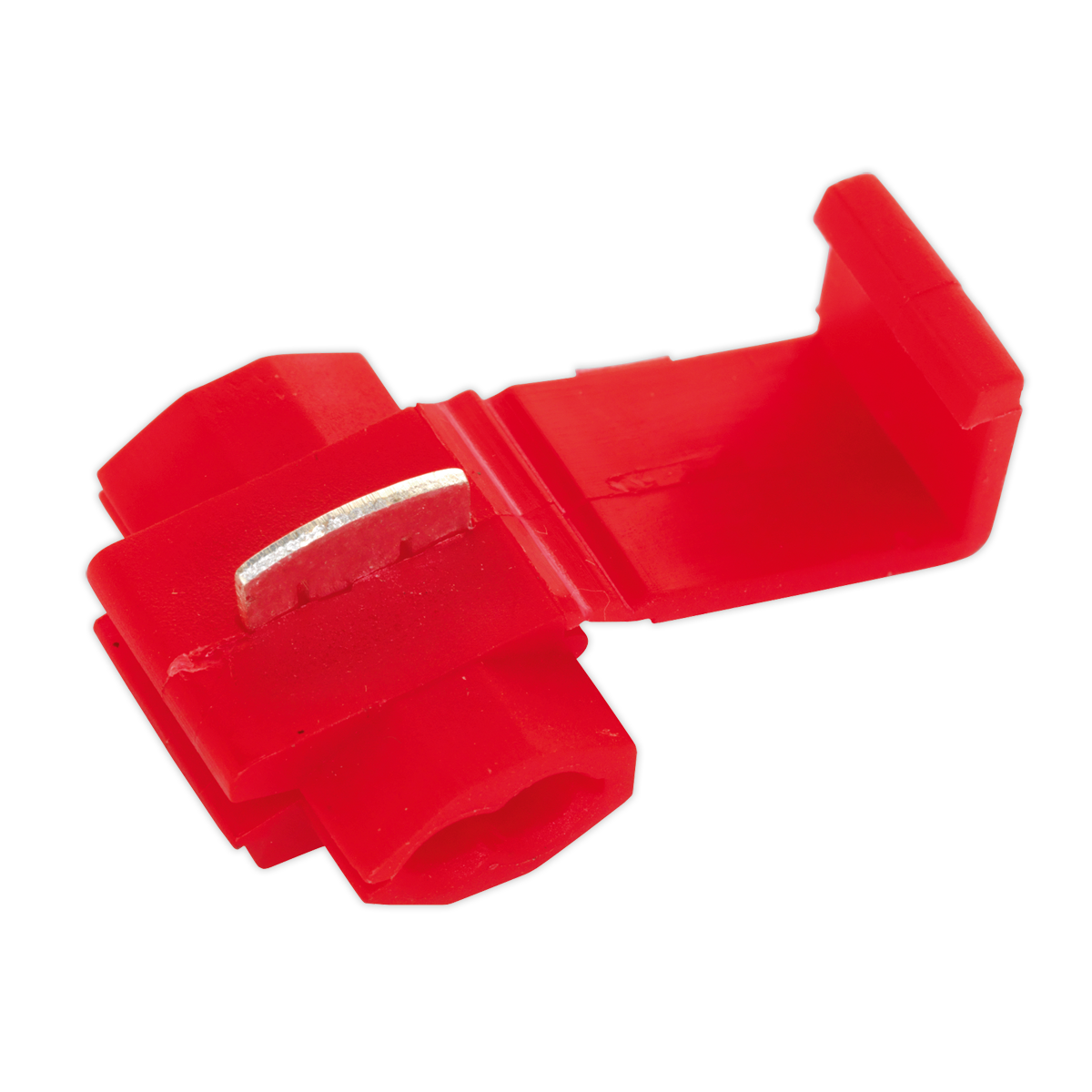 The Sealey Quick Splice Connector Red Pack of 100 - QSPR is engineered for 22-18 AWG cables and boasts a durable plastic exterior, a robust metal interior component, and an open latch design.