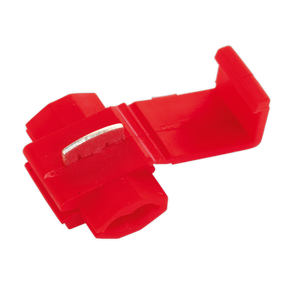 The Sealey Quick Splice Connector Red Pack of 100 - QSPR is engineered for 22-18 AWG cables and boasts a durable plastic exterior, a robust metal interior component, and an open latch design.