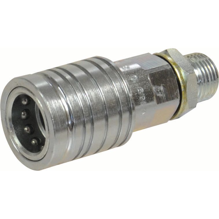 A close-up image of the Sparex Quick Release Hydraulic Coupling Female 1/2'' Body x 1/2'' BSP Male Thread (Sparex Part No.S.8078), showcasing its metallic finish and four holes for connecting hydraulic lines, highlighting the superior quality of the Sparex brand.