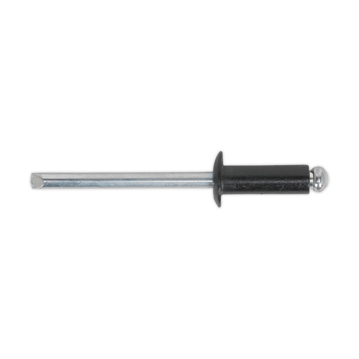 The Sealey Aluminium Rivet Black Standard Flange 4 x 10mm Pack of 200 - RAB4010S is a black mandrel rivet designed for fastening materials together, complying with DIN 7337 standards.