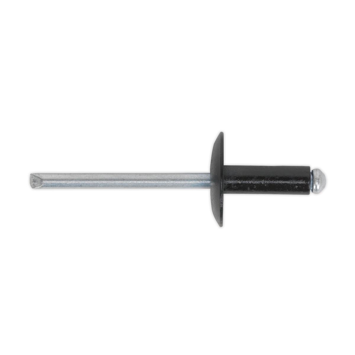 Close-up of the Sealey Aluminium Rivet Black Large Flange 4.8 x 14mm with a metallic shaft and black capped head, used for fastening materials together, compliant with DIN 7337 standards. Pack of 200 - RAB4814L.