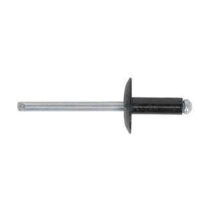 Close-up of the Sealey Aluminium Rivet Black Large Flange 4.8 x 14mm with a metallic shaft and black capped head, used for fastening materials together, compliant with DIN 7337 standards. Pack of 200 - RAB4814L.