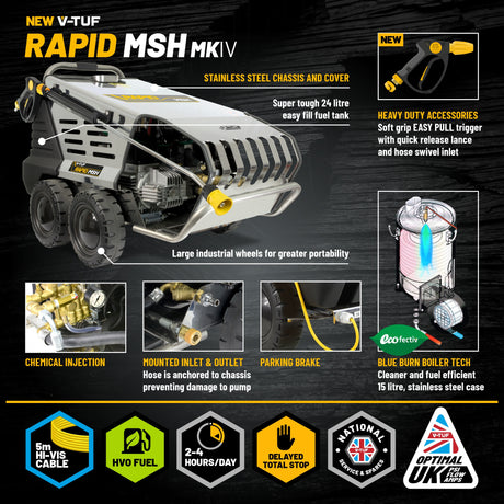 V-TUF RAPIDMSH240v Professional Hot Water Industrial Mobile Pressure Washer - 120Bar, 9L/min