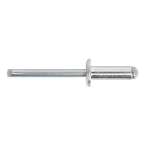 A close-up view of the Sealey Aluminium Blind Rivet Standard Flange 6.4 x 19.5mm, model RB6419S5, with a long pin and cylindrical head, adhering to DIN 7337 standards, commonly used for joining materials together.