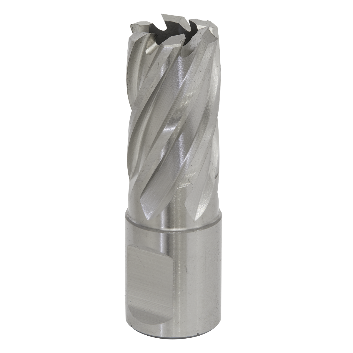 The Sealey Rotabor Cutter HSS Ø18mm - Cut Depth 25mm - RBHSS18S is a metal cylindrical cutting tool made from HSS M2 steel, featuring spiral flutes and a flat Weldon shank, ideal for drilling and machining applications, particularly when used with magnetic drills.