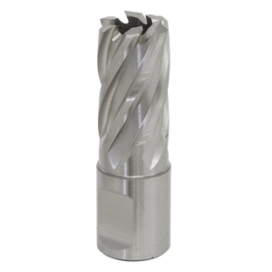 The Sealey Rotabor Cutter HSS Ø18mm - Cut Depth 25mm - RBHSS18S is a metal cylindrical cutting tool made from HSS M2 steel, featuring spiral flutes and a flat Weldon shank, ideal for drilling and machining applications, particularly when used with magnetic drills.