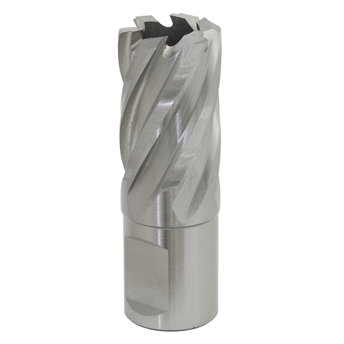 Introducing the Sealey Rotabor Cutter HSS Ø21mm - Cut Depth 25mm (RBHSS21S), a metal drill bit with a Universal 19mm Weldon shank and helical flutes, designed for cutting through materials with magnetic drills.