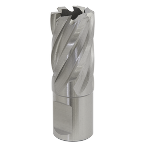 Introducing the Sealey Rotabor Cutter HSS Ø21mm - Cut Depth 25mm (RBHSS21S), a metal drill bit with a Universal 19mm Weldon shank and helical flutes, designed for cutting through materials with magnetic drills.