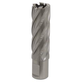 A close-up view of the Sealey Rotabor Cutter HSS Ø22mm - Cut Depth 50mm (RBHSS22L), a silver cylindrical metal cutting tool made from HSS M2 steel with spiral flutes, used in machining and drilling operations, perfect for achieving precise cutting depths.