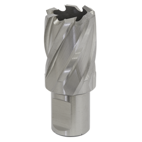 A close-up image of the Rotabor Cutter HSS Ø25mm - Cut Depth 25mm - RBHSS25S by Sealey, showcasing its sharp, spiral cutting edges designed for use with magnetic drills. Crafted from HSS M2 steel and featuring a 19mm Weldon shank, it excels in drilling and hole-making for metalworking applications.