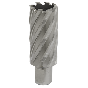 The Sealey Rotabor Cutter HSS Ø30mm - Cut Depth 50mm - RBHSS30L is a silver, cylindrical, helical cutting annular cutter made from HSS M2 steel, ideal for use with magnetic drills.