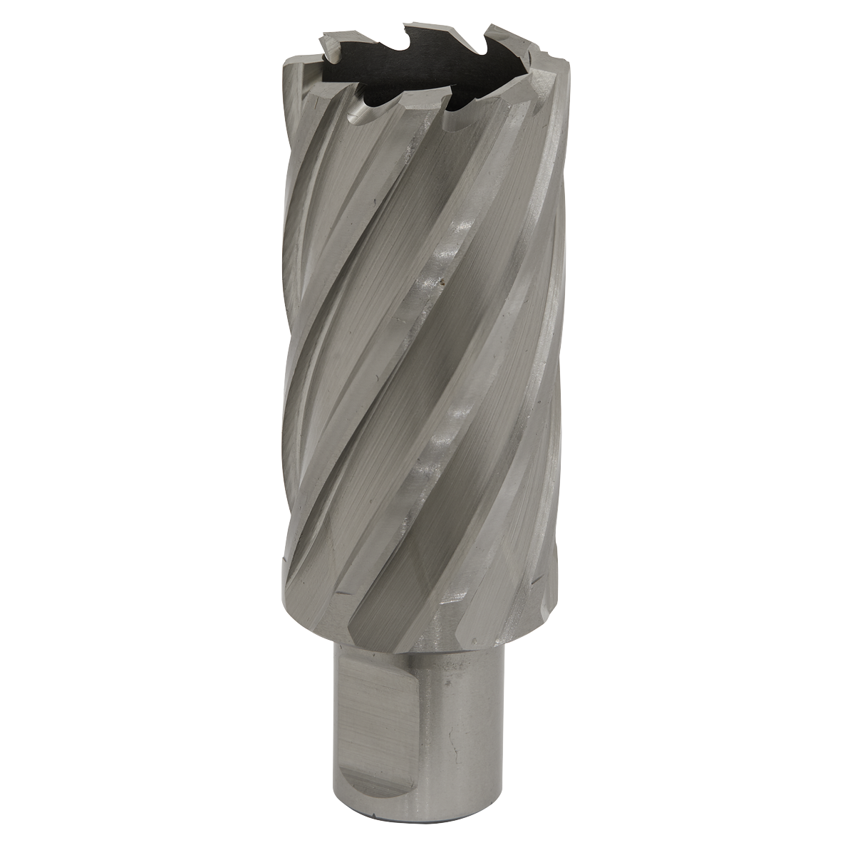 The Sealey Rotabor Cutter HSS Ø31mm - Cut Depth 50mm (RBHSS31L) features a silver metal core drill bit made from HSS M2 steel, complete with spiral flutes and a cylindrical Weldon shank.