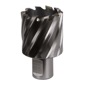 A close-up image of the Sealey Rotabor Cutter HSS Ø37mm - Cut Depth 25mm - RBHSS37S, featuring a cylindrical metal design with helical flutes and a hollow center, crafted from HSS M2 steel for drilling holes in metal or hard materials with magnetic drills.