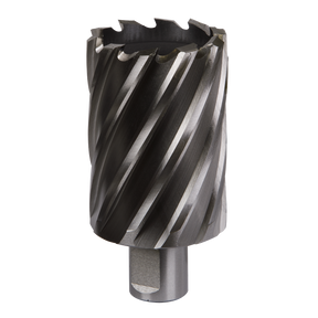 A close-up image of the Sealey Rotabor Cutter HSS Ø44mm - Cut Depth 50mm (RBHSS44L), crafted from HSS M2 steel for drilling holes in steel and other materials. The cutter features a universal 19mm Weldon shank, ensuring compatibility with various magnetic drills.