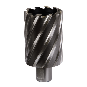 Close-up of a Sealey Rotabor Cutter HSS Ø45mm (Cut Depth 50mm) - RBHSS45L, featuring spiral flutes and sharp teeth around the edge.