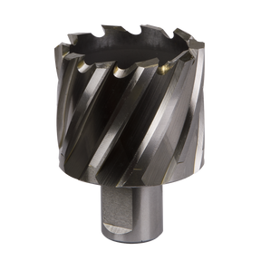 The Rotabor Cutter HSS Ø45mm - Cut Depth 25mm (RBHSS45S) by Sealey is a metal hole saw with sharp, angled teeth and a cylindrical base, made from HSS M2 steel, ideal for cutting precise holes in materials such as wood, plastic, or metal.