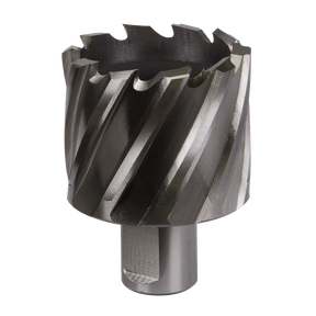 The Sealey Rotabor Cutter HSS Ø46mm - Cut Depth 25mm (RBHSS46S) is a cylindrical annular cutter featuring sharp, spiral cutting edges, crafted from high-quality HSS M2 steel. Designed for drilling holes in metal with magnetic drills, it ensures precision and efficiency at various cutting depths.