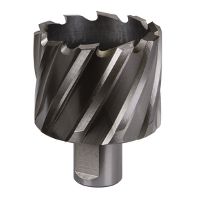 Close-up of a Sealey Rotabor Cutter HSS Ø49mm - Cut Depth 25mm (RBHSS49S) with sharp, angled teeth and a cylindrical shank, crafted from durable HSS M2 steel. Perfect for achieving precise cutting depths when used with magnetic drills.