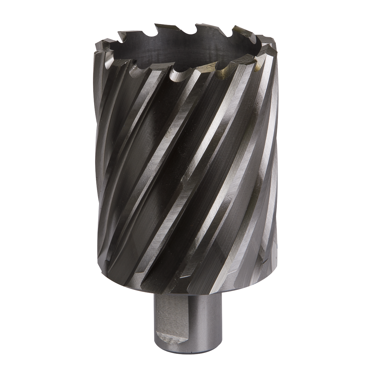 The Sealey Rotabor Cutter HSS Ø50mm - Cut Depth 50mm - RBHSS50L is a cylindrical metal cutting tool with spiral grooves on its surface, constructed from high-speed steel (HSS). It is ideal for magnetic drills and milling applications, featuring a universal 19mm Weldon shank for versatile use.