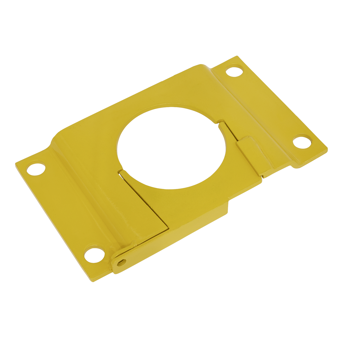 The Sealey Removable Bollard Base Plate - Locking (RBLP) is a yellow metal mounting bracket featuring four screw holes, a central circular cutout, and a padlock hole.