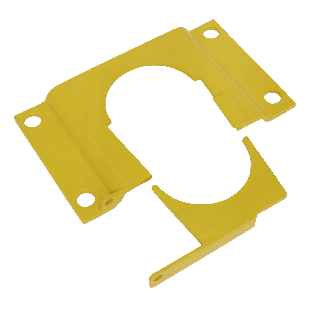 A Sealey Removable Bollard Base Plate - Locking - RBLP, featuring a yellow metal bracket with four mounting holes and a circular cutout with an extended tab on one side, ideal for securing a padlock.