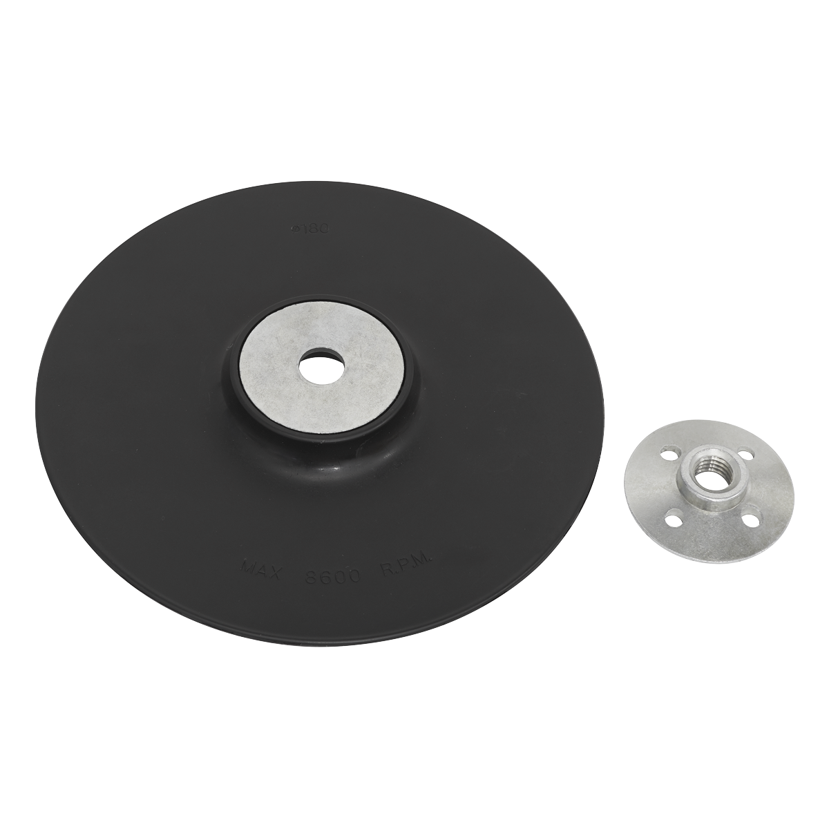 Sealey Backing Pad Ø180mm - M14 x 2mm (Model: RBP180), featuring a black circular grinding disc with a central metal arbor hole, and accompanied by a separate threaded washer, is displayed on a white background. The disc is labeled "Max 8000 RPM," making it an ideal choice for those in need of reliable fibre backed sanding discs.