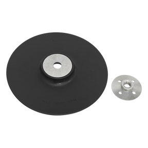 Sealey Backing Pad Ø180mm - M14 x 2mm (Model: RBP180), featuring a black circular grinding disc with a central metal arbor hole, and accompanied by a separate threaded washer, is displayed on a white background. The disc is labeled "Max 8000 RPM," making it an ideal choice for those in need of reliable fibre backed sanding discs.